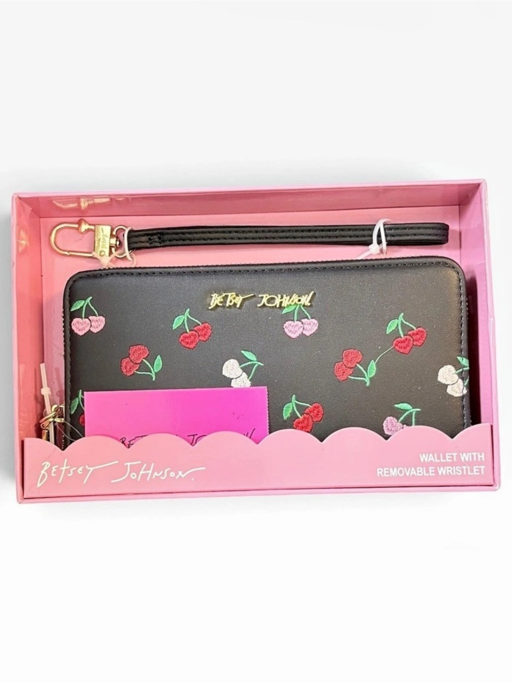 Betsey Johnson Cherry Embroidered Wallet with Removable Wristlet, Black & Pink